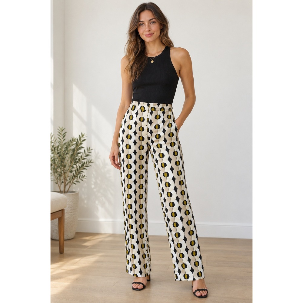 Zara Geometric Circle Print High Waisted Wide Leg Pants Black Cream Yellow Small
